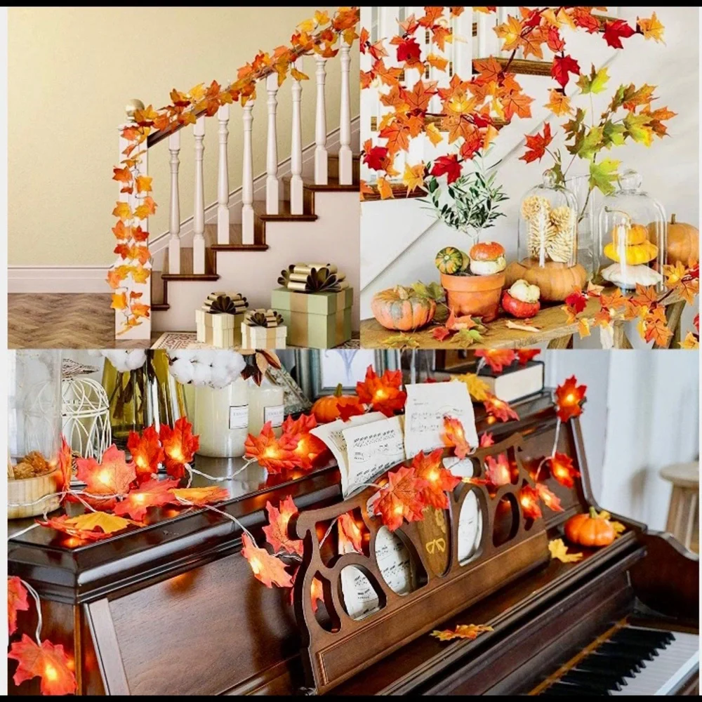 Autumn Fall Maple Leaf Garland with LED Lights - 30 Feet NEW Halloween